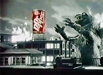 animated gif of Godzilla drinking a Dr. Pepper soda